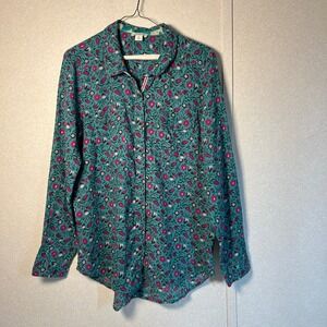 Sundance Women's Teal Floral joy Cotton Button Down Shirt Long Sleeve Size M
